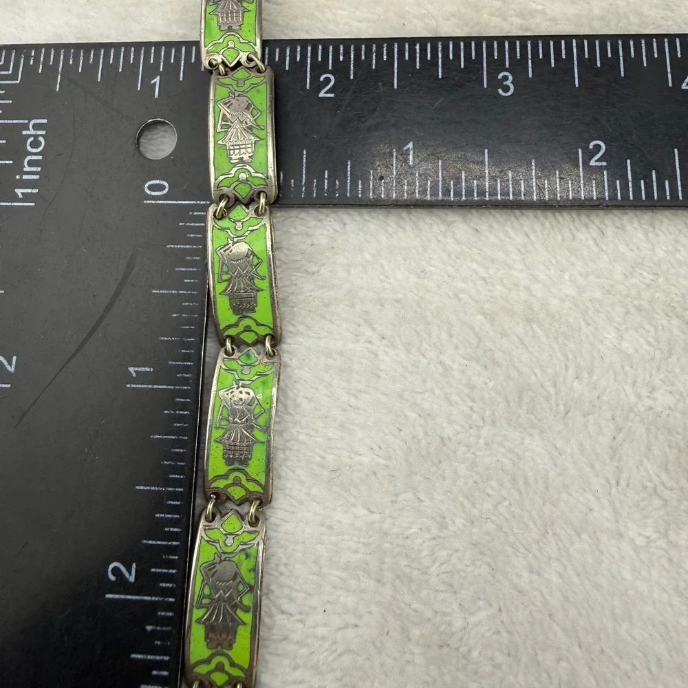 Vintage Enamel Panel Bracelet Green Figural Link 7in